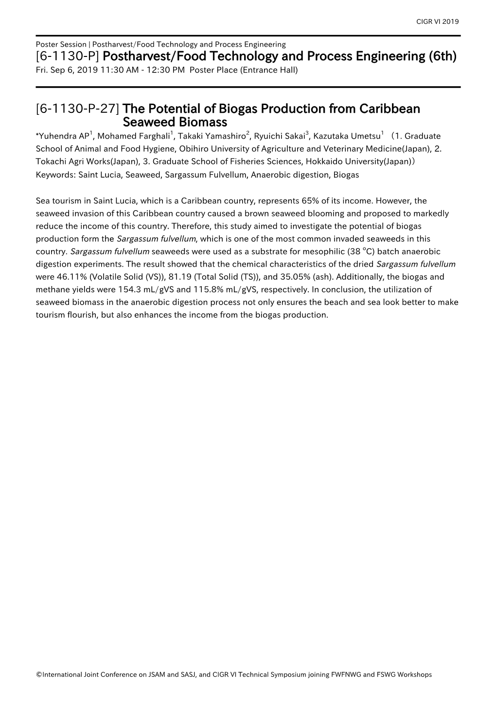 [6-1130-P] [6-1130-P-27] Postharvest/Food Technology and Process Engineering (6Th) the Potential of Biogas Production from Carib