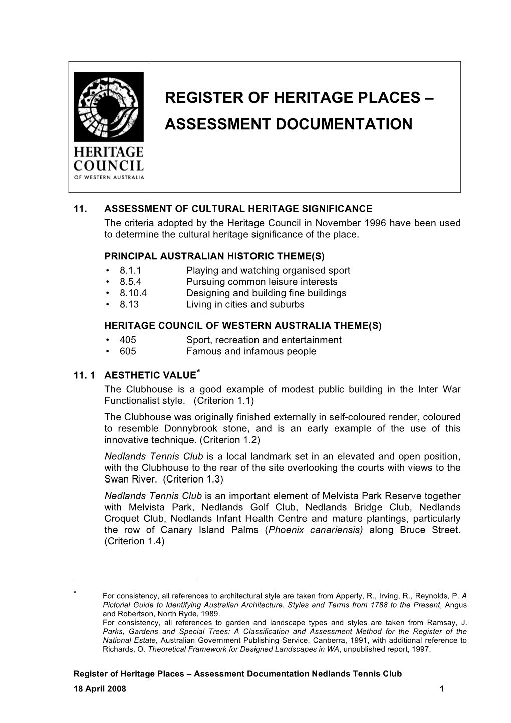 Register of Heritage Places – Assessment Documentation