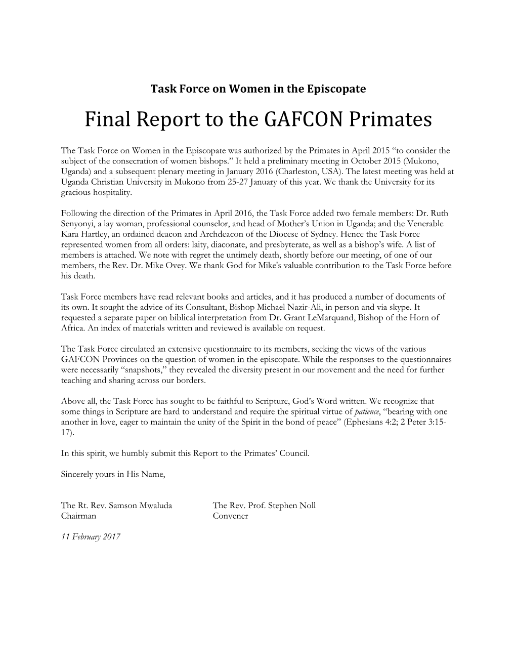 Final Report to the GAFCON Primates