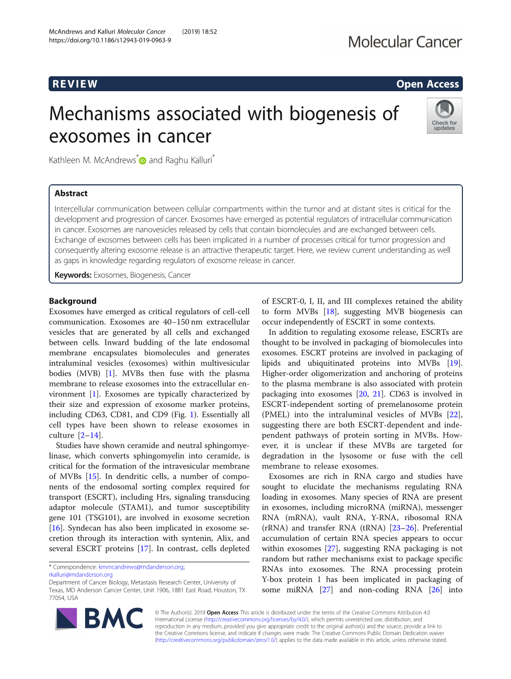 VIEW Open Access Mechanisms Associated with Biogenesis of Exosomes in Cancer Kathleen M