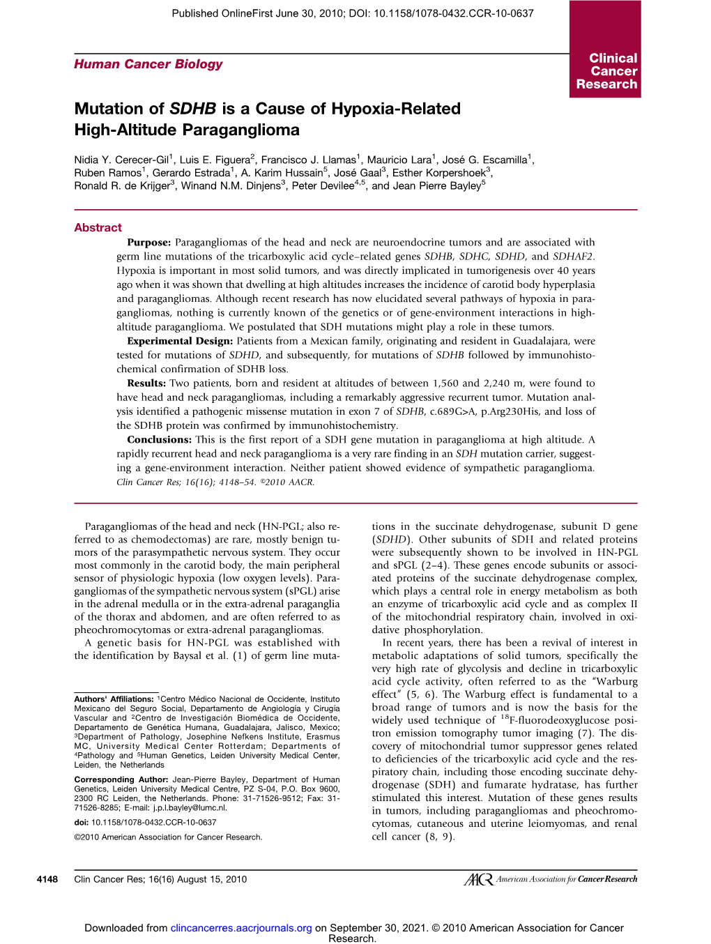 Mutation of SDHB Is a Cause of Hypoxia-Related High-Altitude Paraganglioma