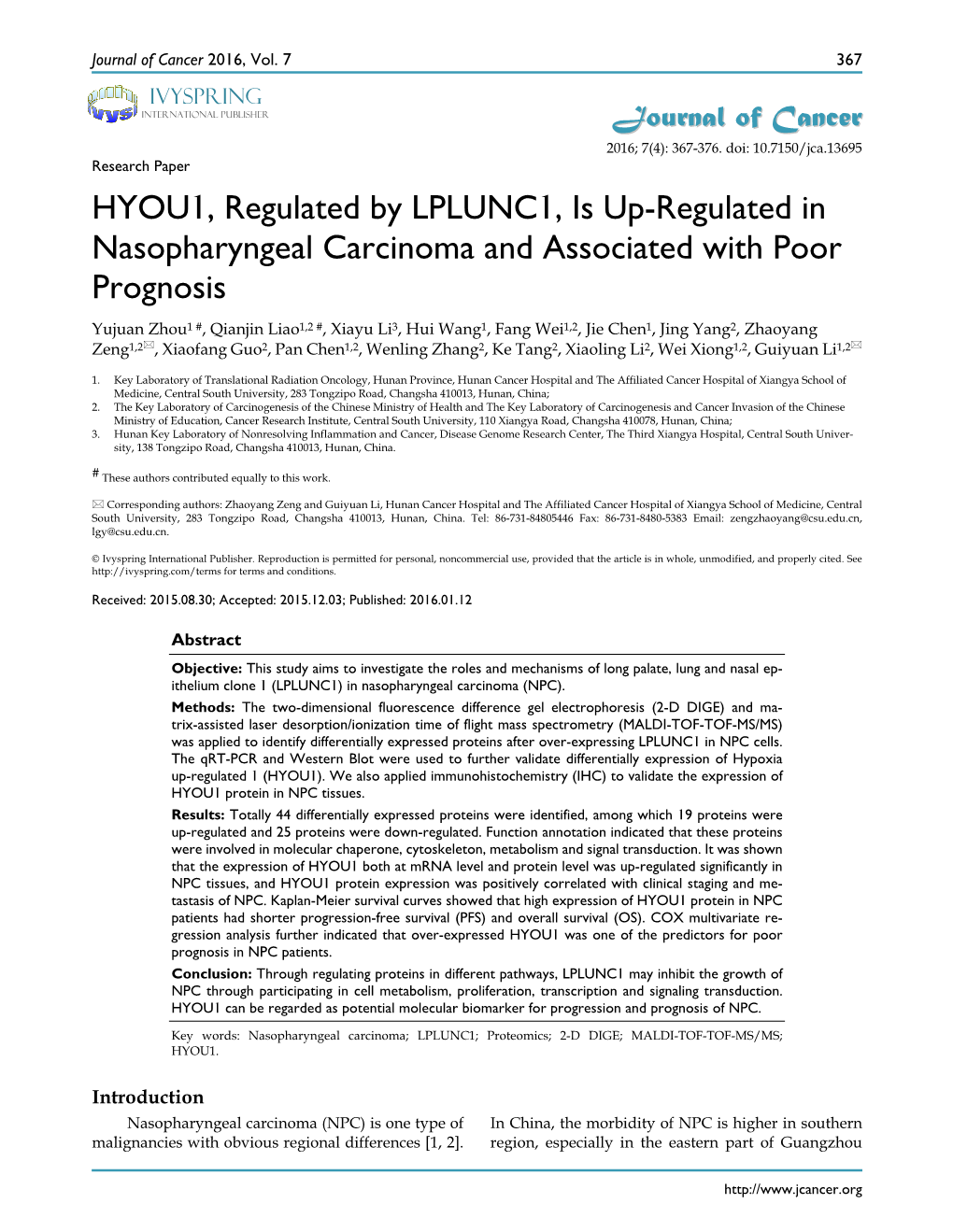 HYOU1, Regulated by LPLUNC1, Is Up-Regulated in Nasopharyngeal