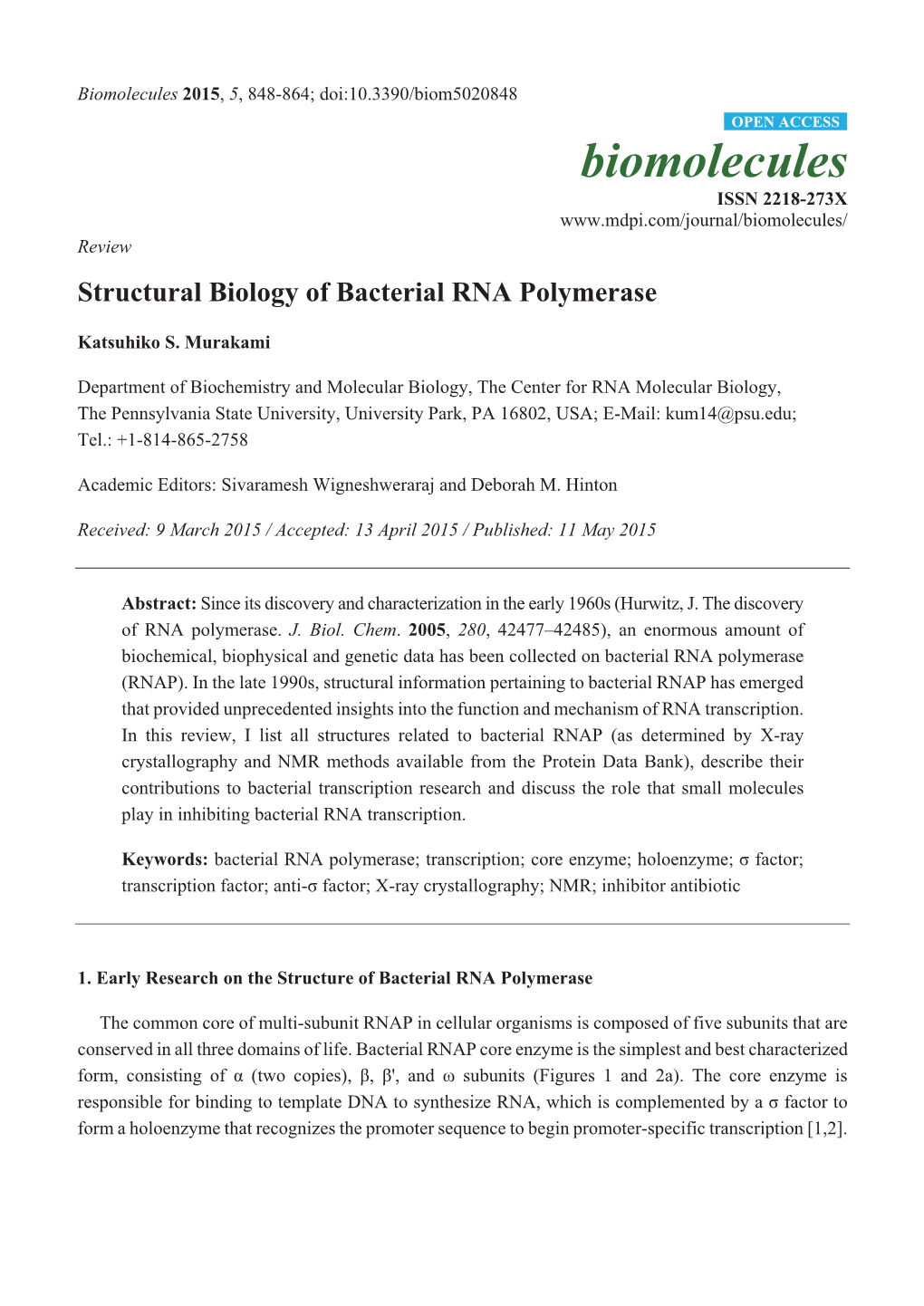 Structural Biology of Bacterial RNA Polymerase