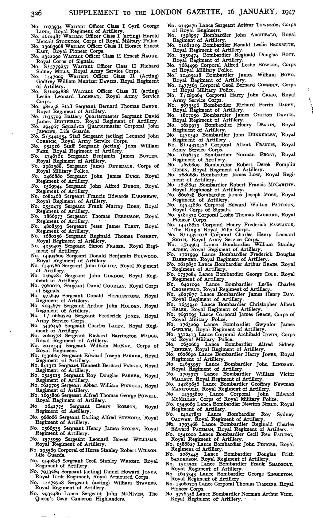 326 Supplement to the London Gazette, 16 January, 1947