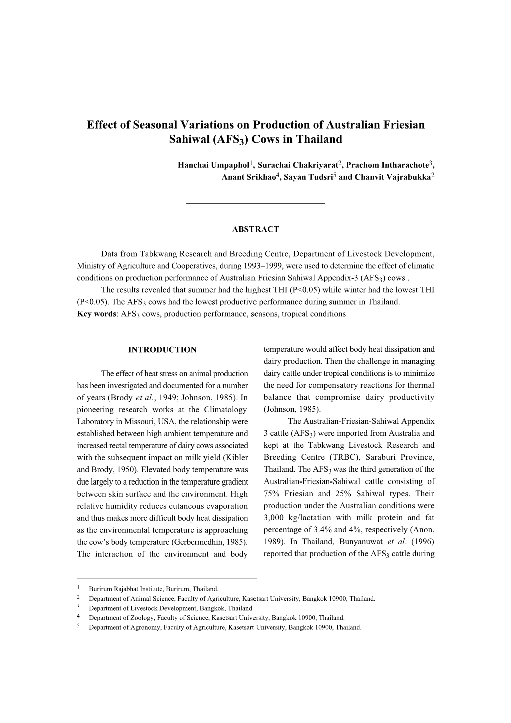 Effect of Seasonal Variations on Production of Australian Friesian Sahiwal (AFS3) Cows in Thailand