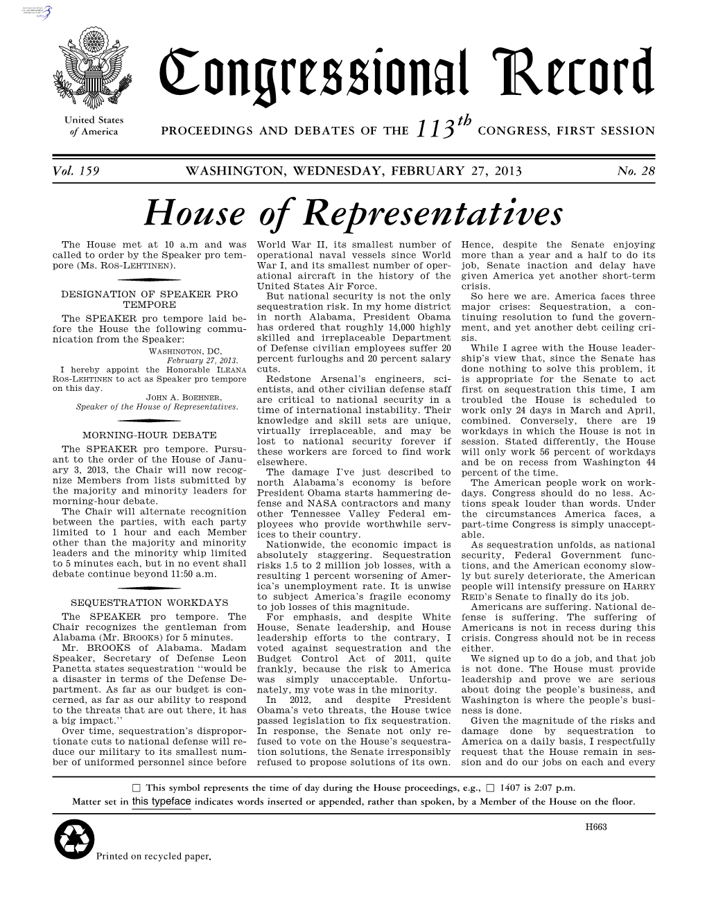 Congressional Record United States Th of America PROCEEDINGS and DEBATES of the 113 CONGRESS, FIRST SESSION