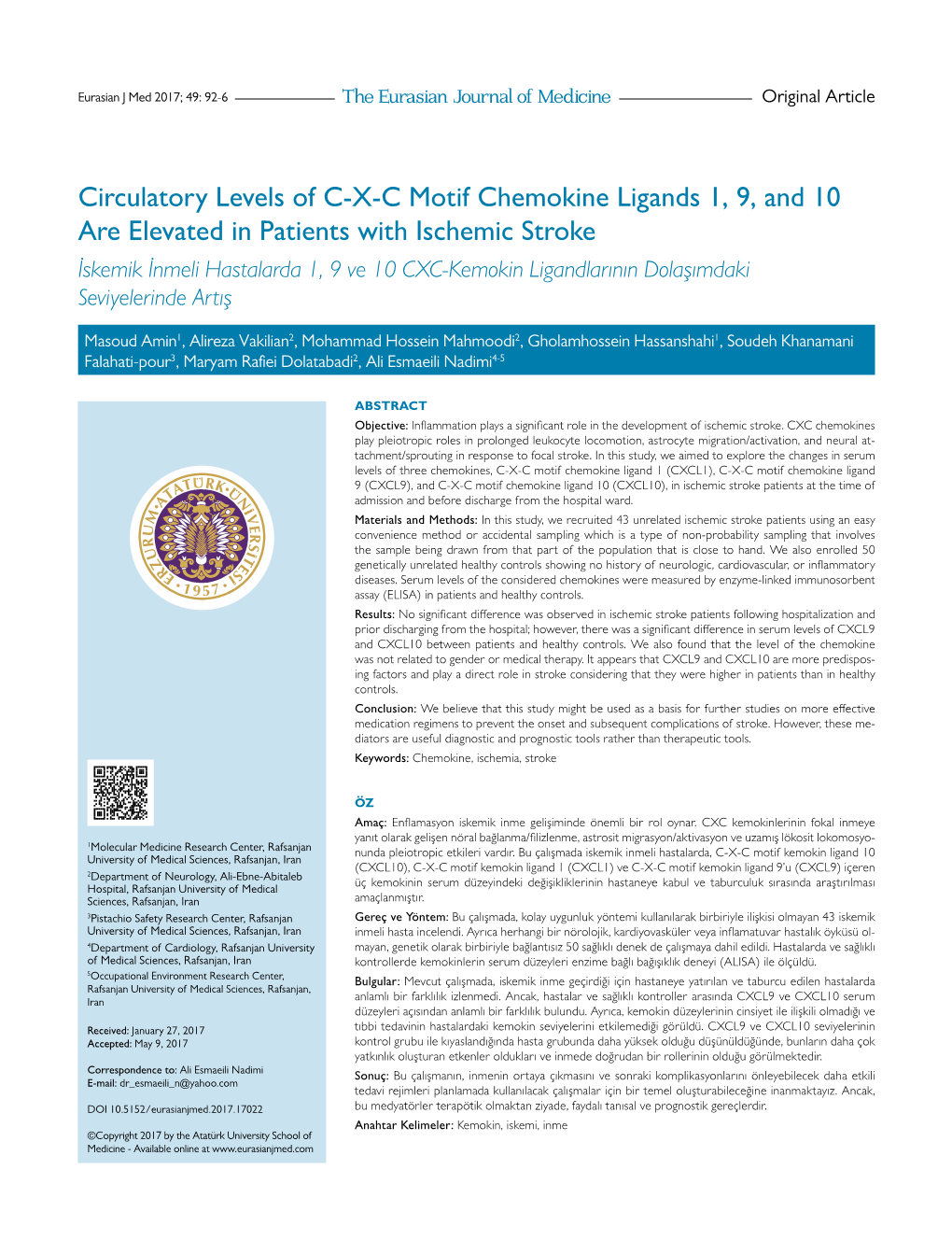 Circulatory Levels of C-X-C Motif Chemokine Ligands 1, 9, and 10