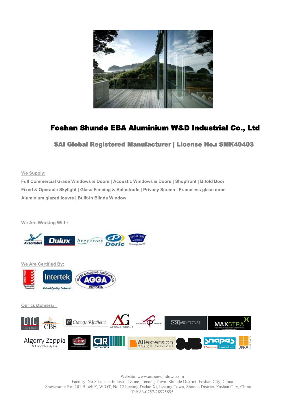 Foshan Shunde EBA Aluminium W&D Industrial Co