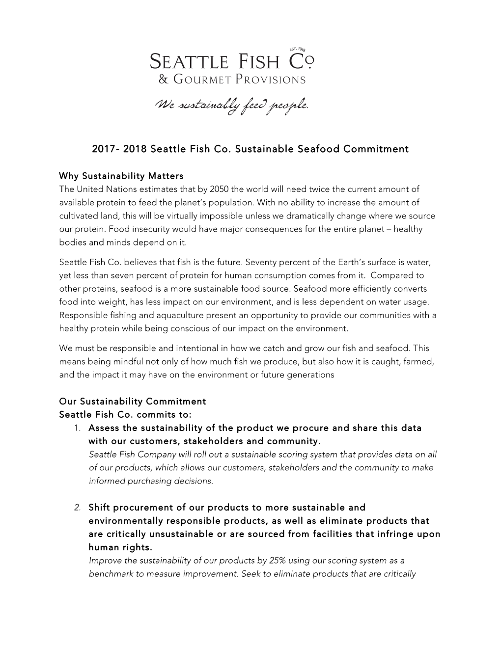 2017- 2018 Seattle Fish Co. Sustainable Seafood Commitment