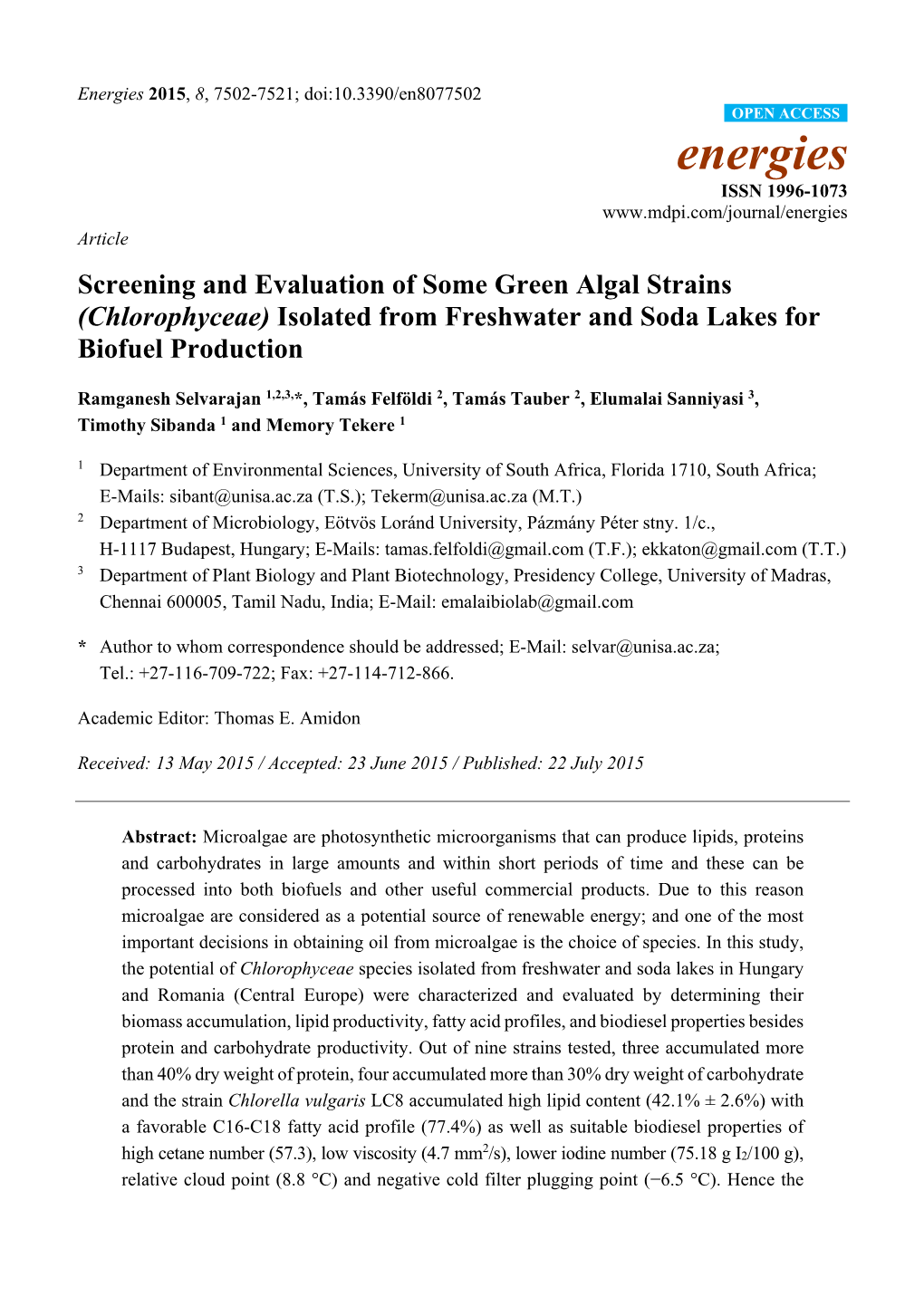 Chlorophyceae) Isolated from Freshwater and Soda Lakes for Biofuel Production