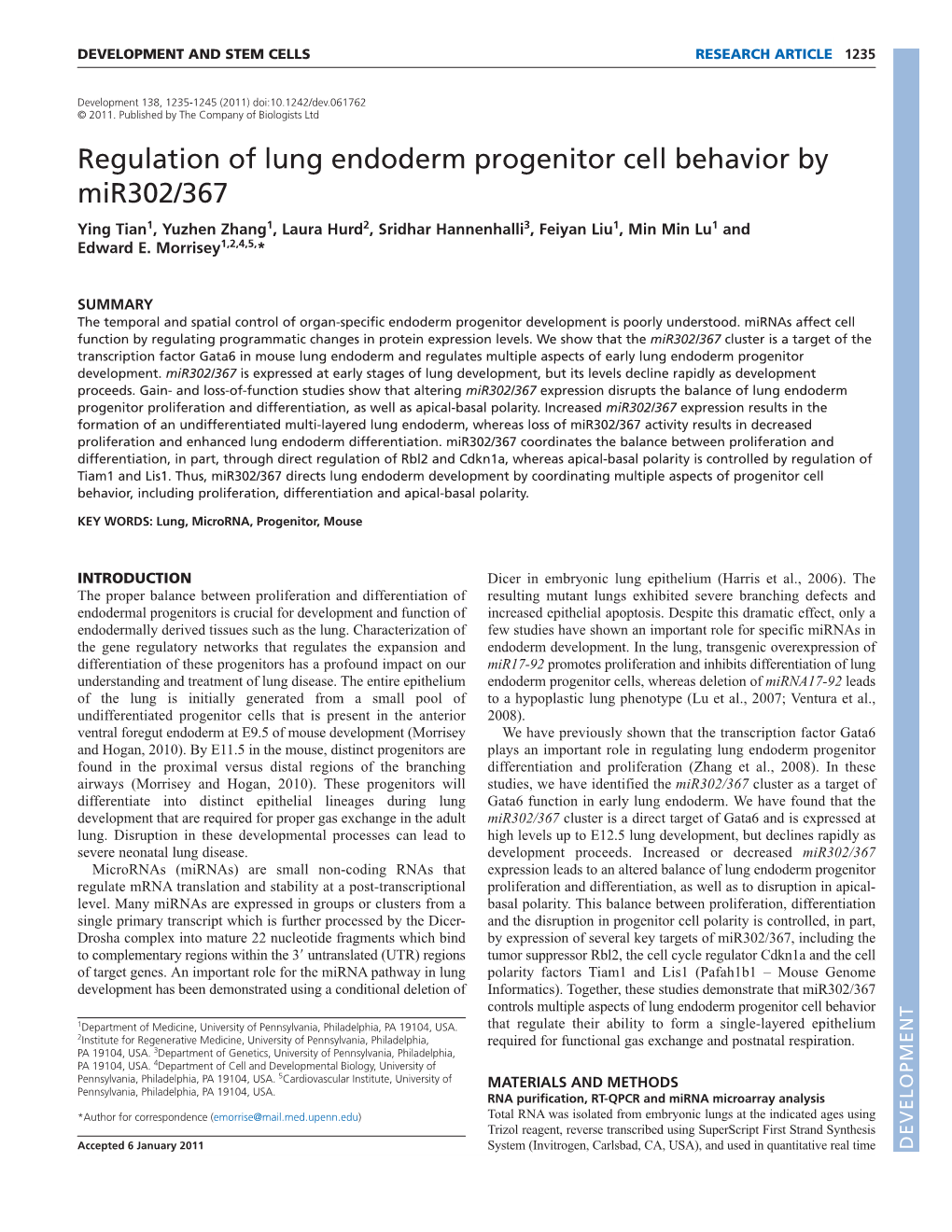 Regulation of Lung Endoderm Progenitor Cell Behavior by Mir302/367 Ying Tian1, Yuzhen Zhang1, Laura Hurd2, Sridhar Hannenhalli3, Feiyan Liu1, Min Min Lu1 and Edward E