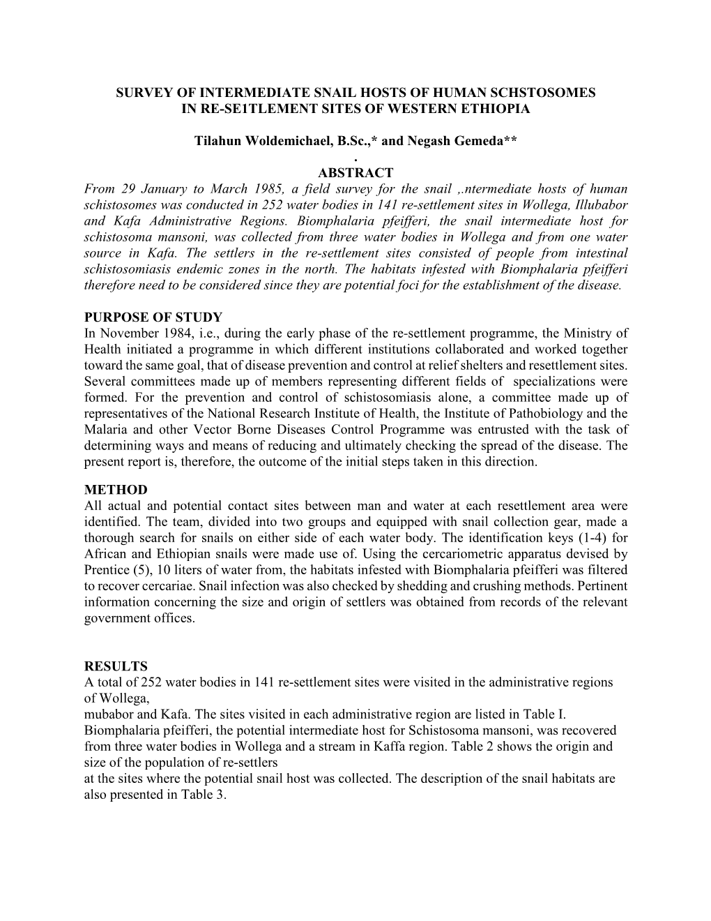 Survey of Intermediate Snail Hosts of Human Schstosomes in Re-Se1tlement Sites of Western Ethiopia