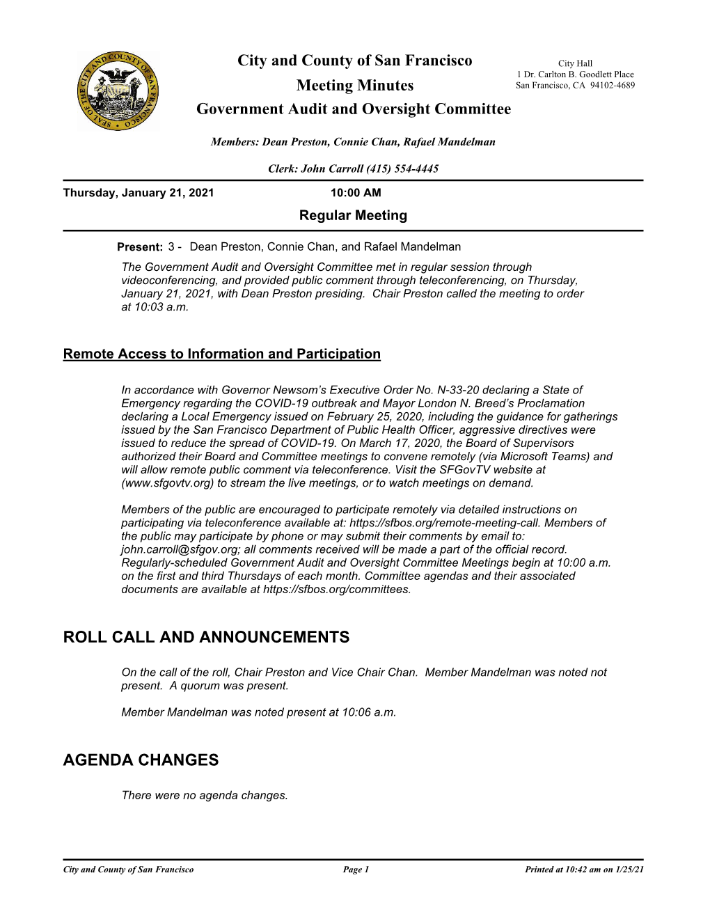 Meeting Minutes San Francisco, CA 94102-4689 Government Audit and Oversight Committee