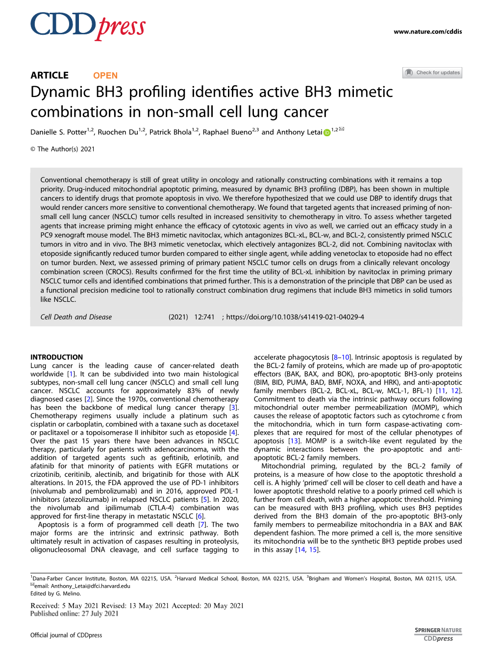 Dynamic BH3 Profiling Identifies Active BH3 Mimetic Combinations in Non-Small Cell Lung Cancer