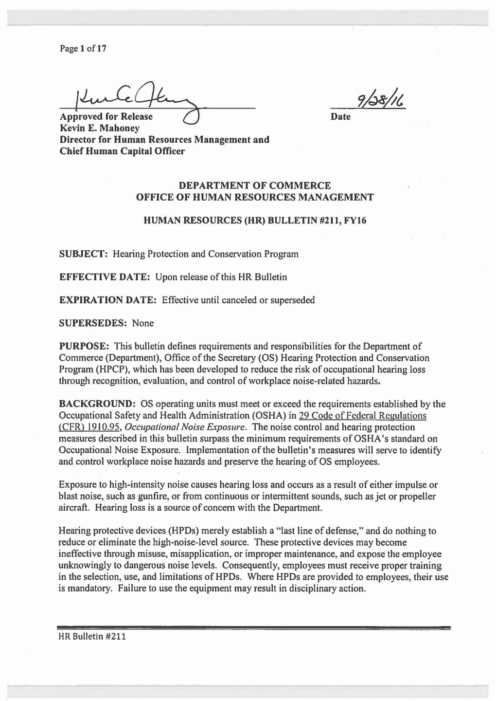 HR Bulletin FY16 #211 Hearing Protection and Conservation Program