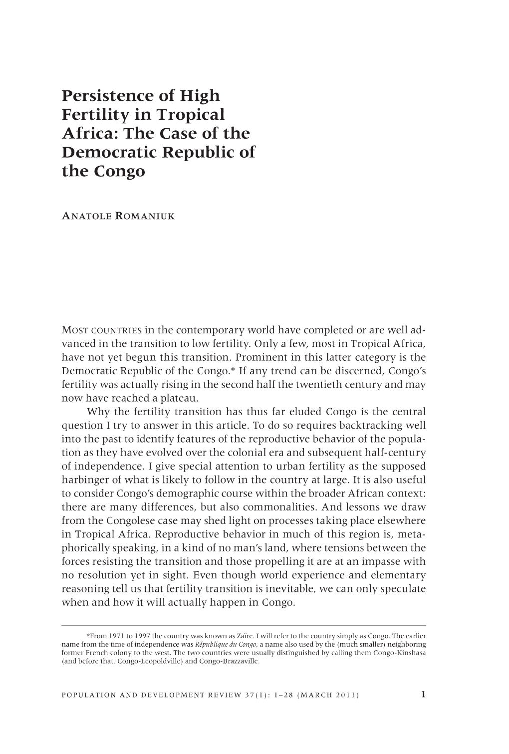 Persistence of High Fertility in Tropical Africa: the Case of the Democratic Republic of the Congo