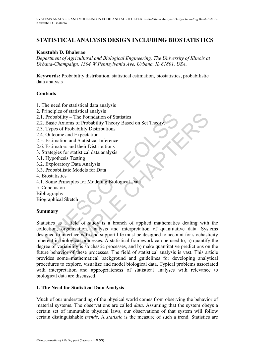 Statistical Analysis Design Including Biostatistics - Kaustubh D