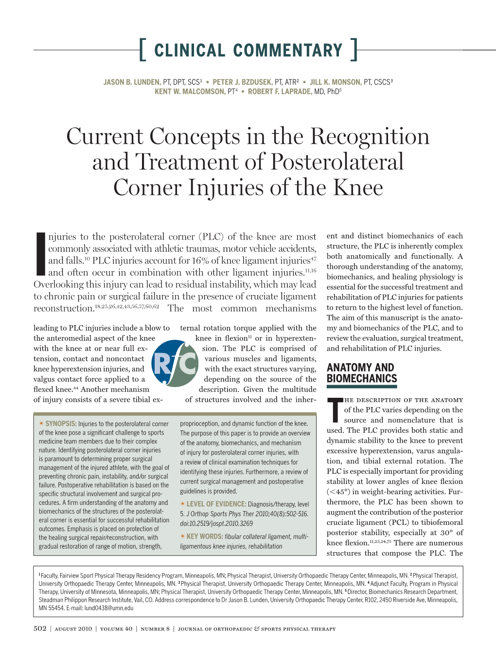 Current Concepts in the Recognition and Treatment of Posterolateral Corner Injuries of the Knee