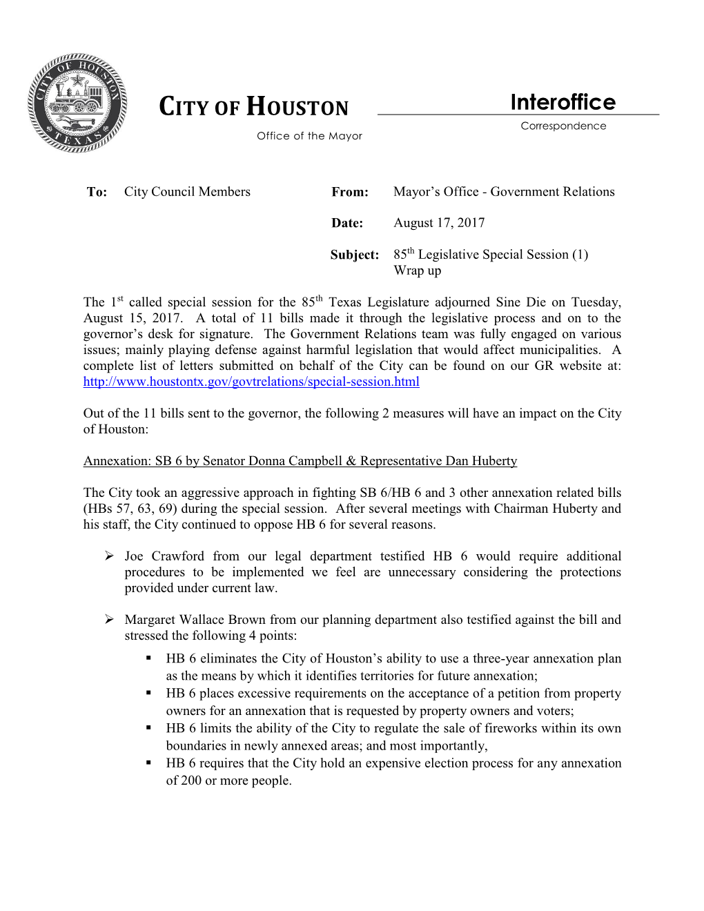 Interoffice Correspondence Houstonoffice of the Mayor