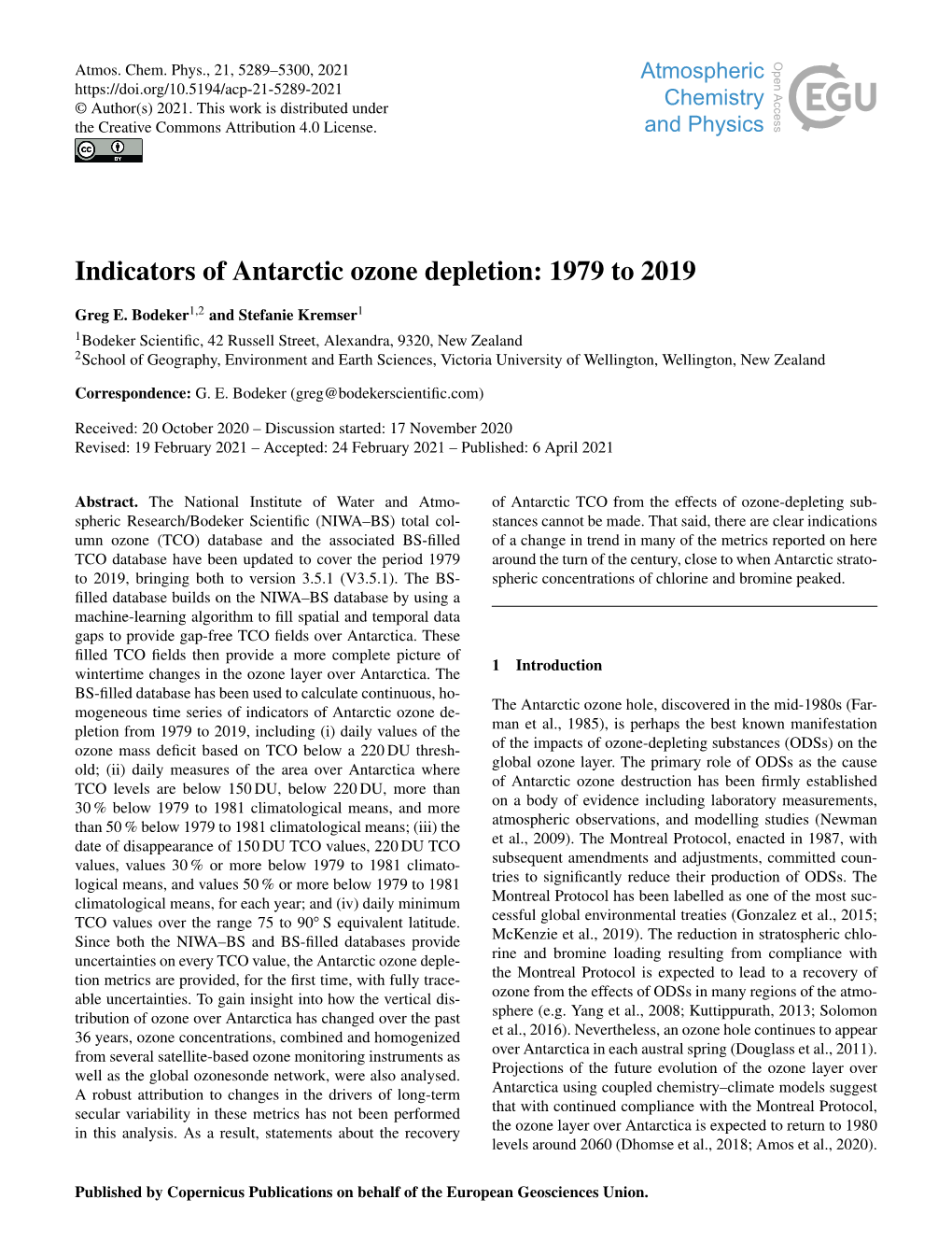 Indicators of Antarctic Ozone Depletion: 1979 to 2019