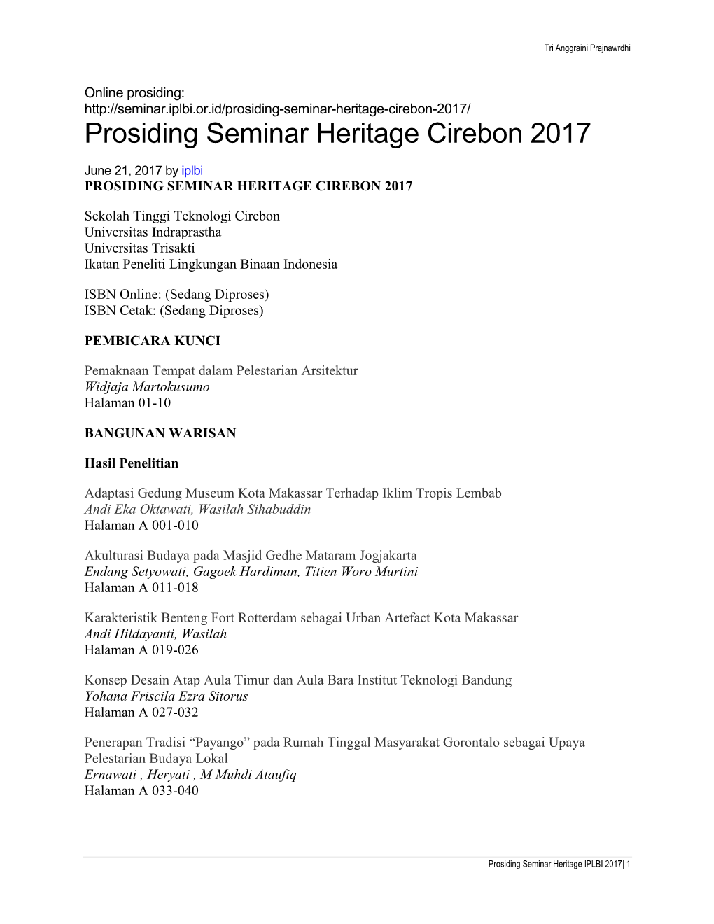 Prosiding Seminar Heritage Cirebon 2017