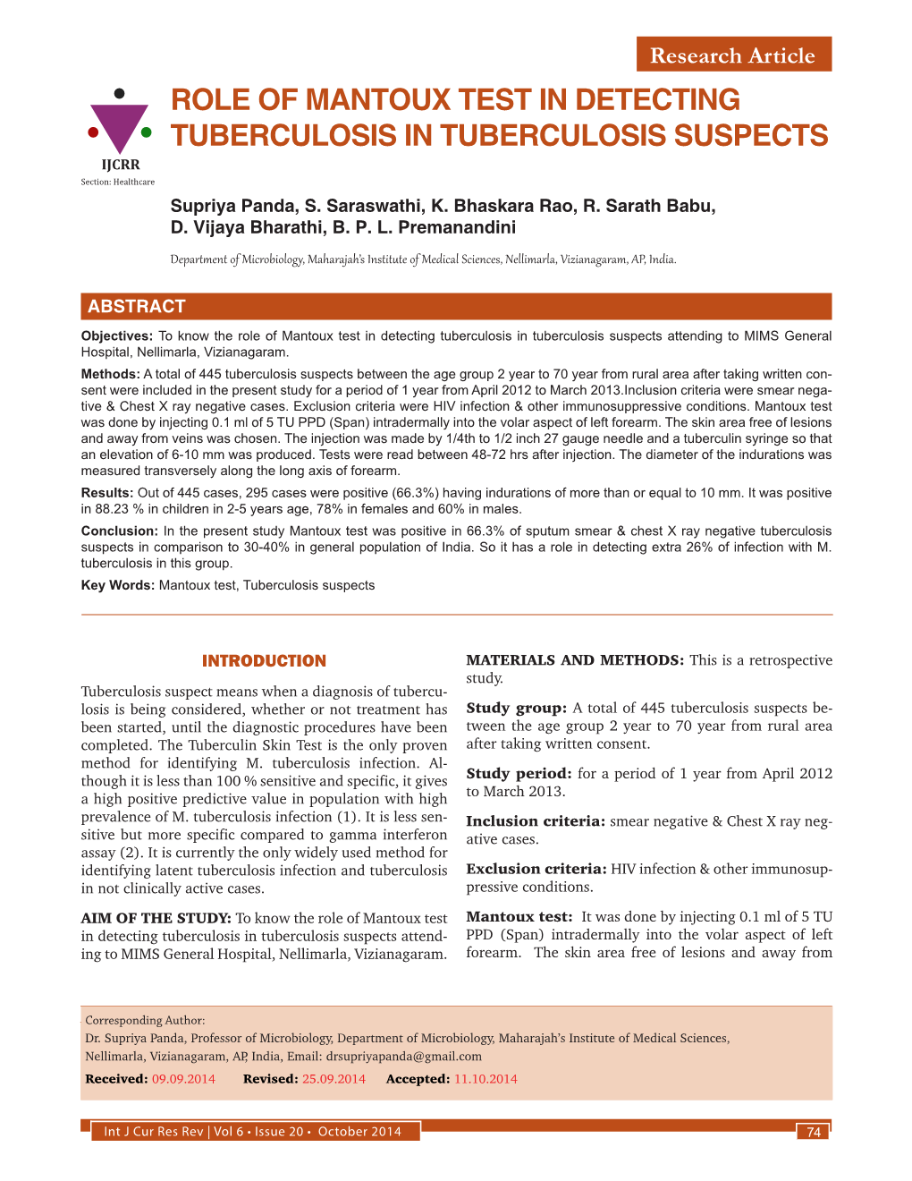 ROLE of MANTOUX TEST in DETECTING TUBERCULOSIS in TUBERCULOSIS SUSPECTS IJCRR Section: Healthcare Supriya Panda, S