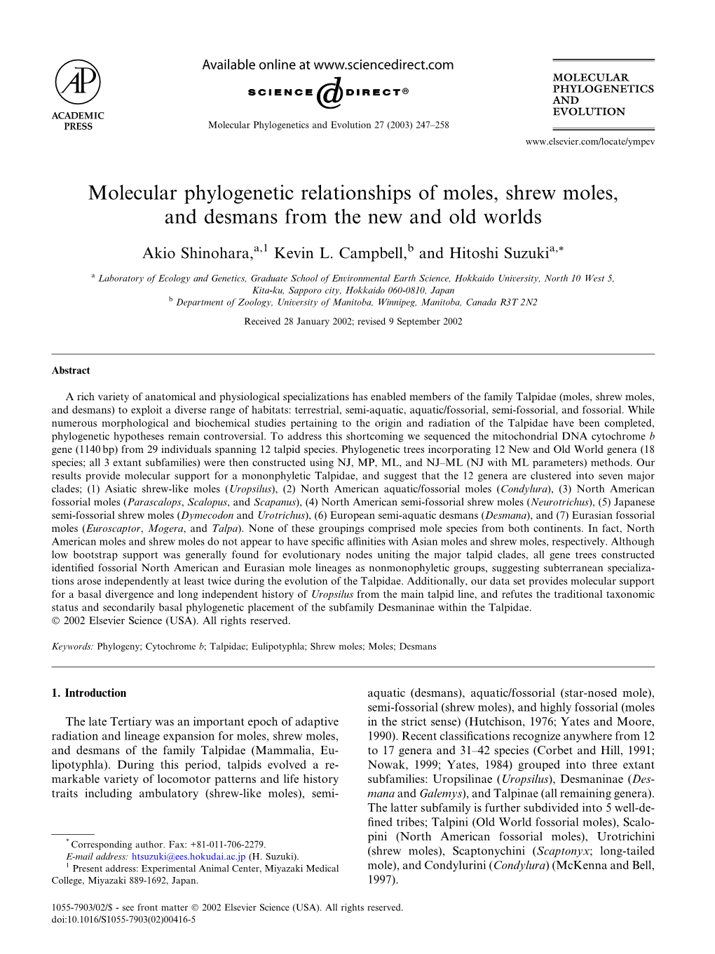 Molecular Phylogenetic Relationships of Moles, Shrew Moles, and Desmans from the New and Old Worlds