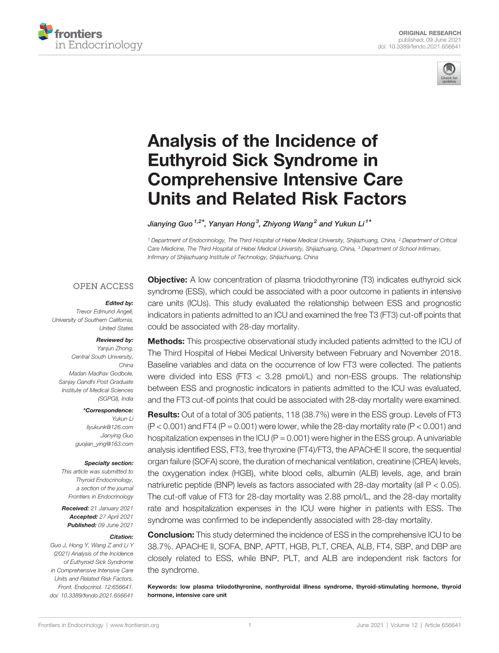 Analysis of the Incidence of Euthyroid Sick Syndrome in Comprehensive Intensive Care Units and Related Risk Factors