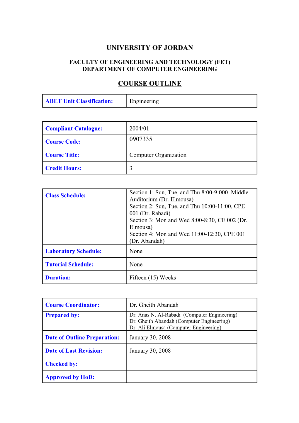 Computer Organization Course Outline