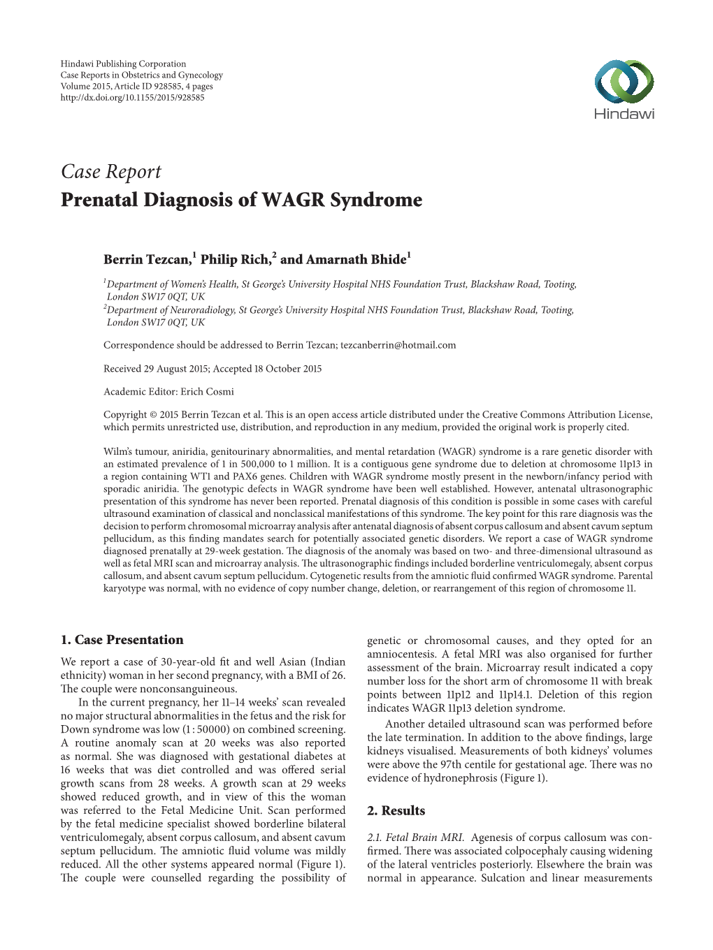 Case Report Prenatal Diagnosis of WAGR Syndrome