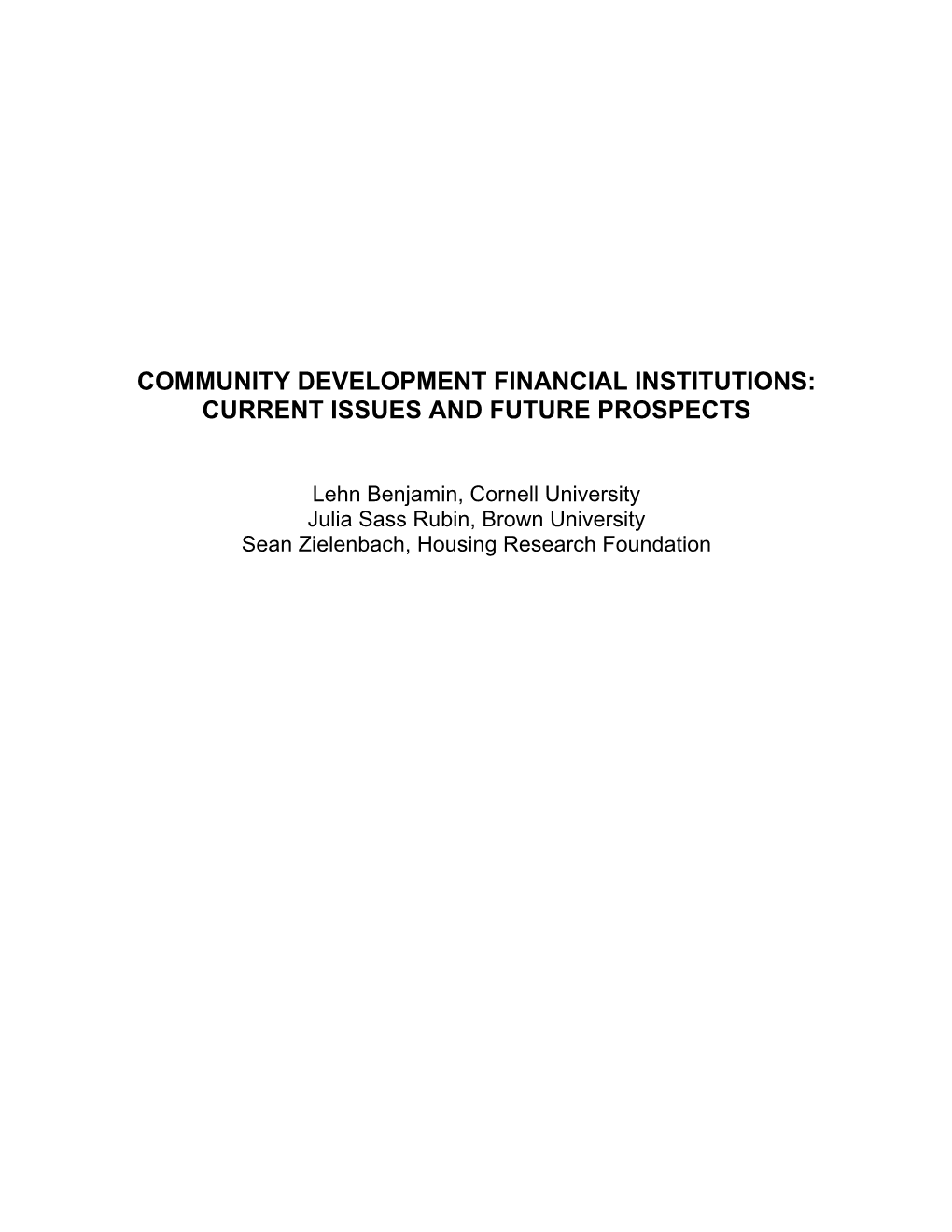 Community Development Financial Institutions: Current Issues and Future Prospects