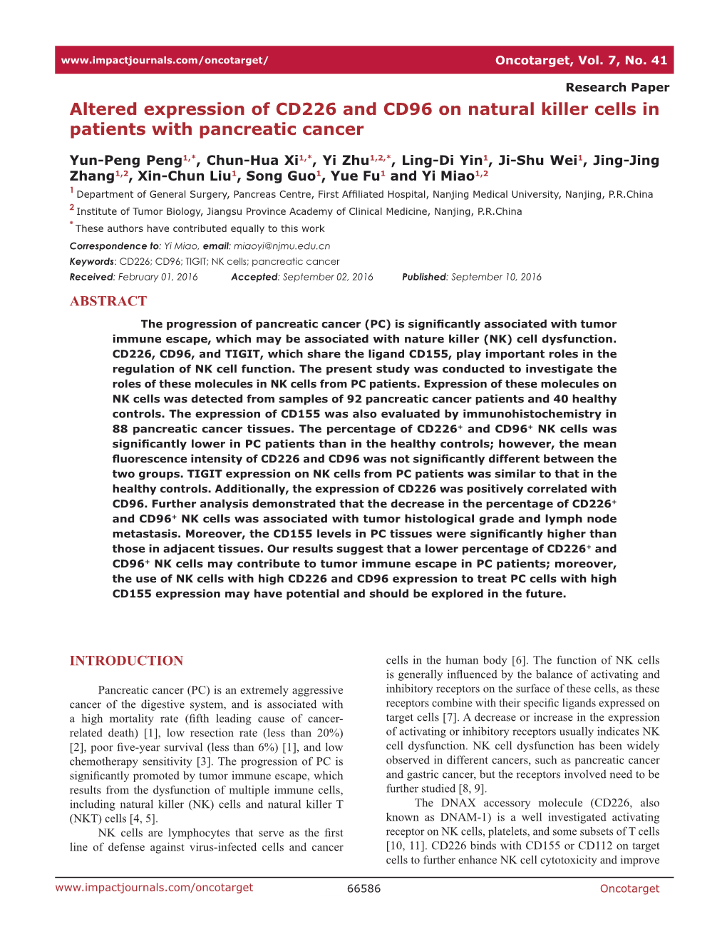 Altered Expression of CD226 and CD96 on Natural Killer Cells in Patients with Pancreatic Cancer