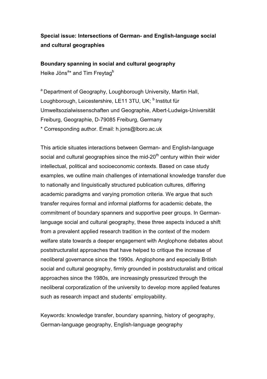 Special Issue: Intersections of German- and English-Language Social and Cultural Geographies