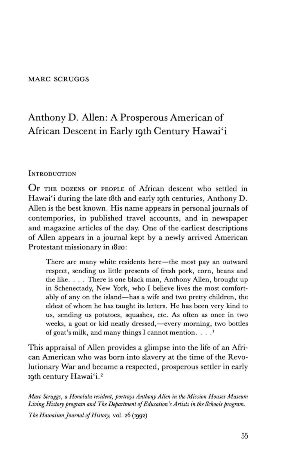 Anthony D. Allen: a Prosperous American of African Descent in Early 19Th Century Hawai'i