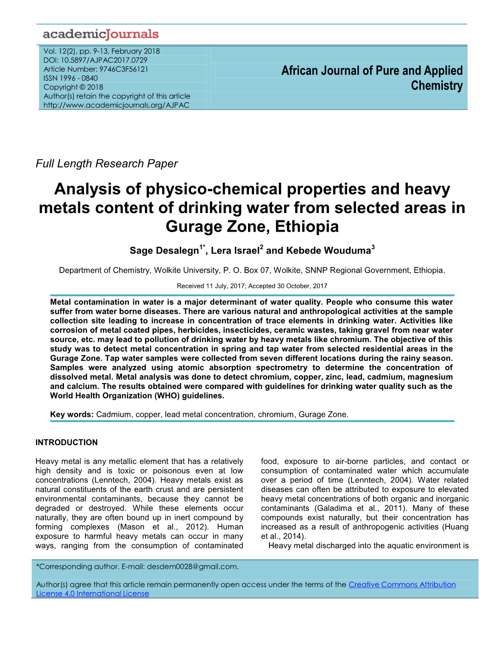 Analysis of Physico-Chemical Properties and Heavy Metals Content of Drinking Water from Selected Areas in Gurage Zone, Ethiopia