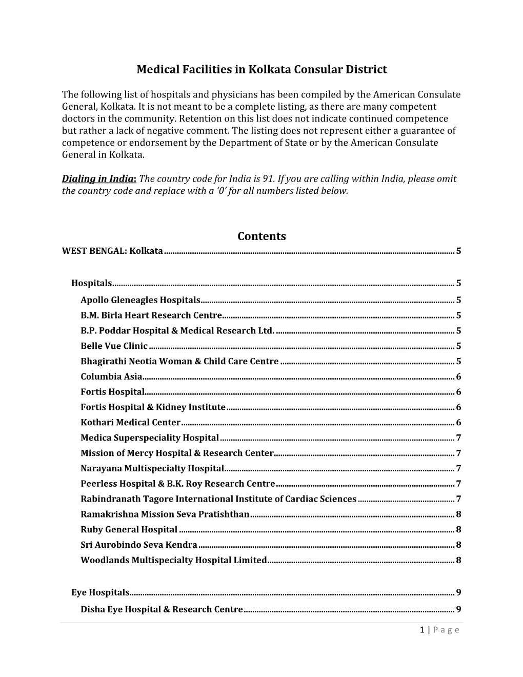 Medical Facilities in Kolkata Consular District Contents