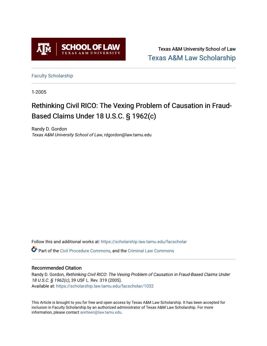 Rethinking Civil RICO: the Vexing Problem of Causation in Fraud- Based Claims Under 18 U.S.C