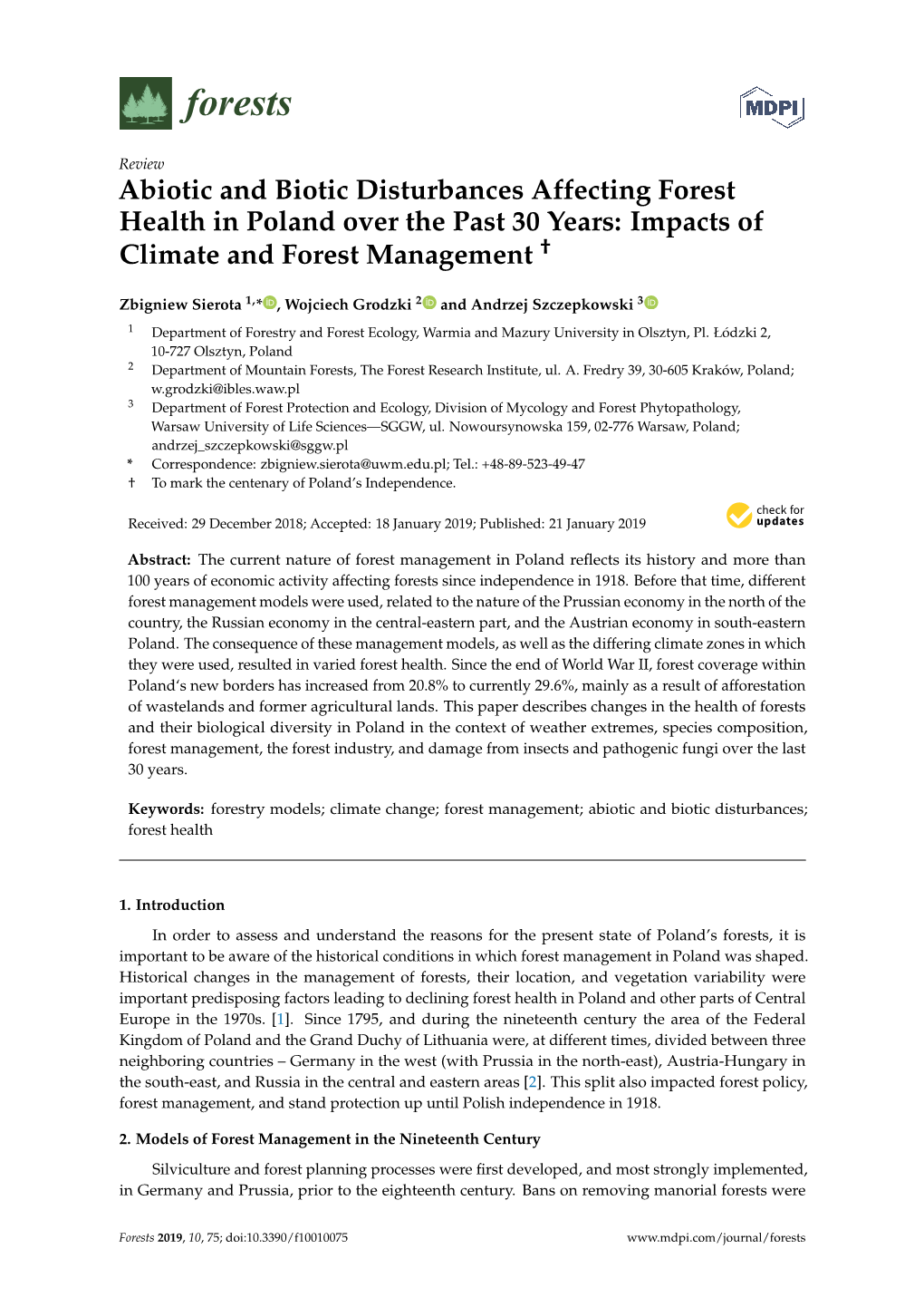 Abiotic and Biotic Disturbances Affecting Forest Health in Poland Over the Past 30 Years: Impacts of Climate and Forest Management †