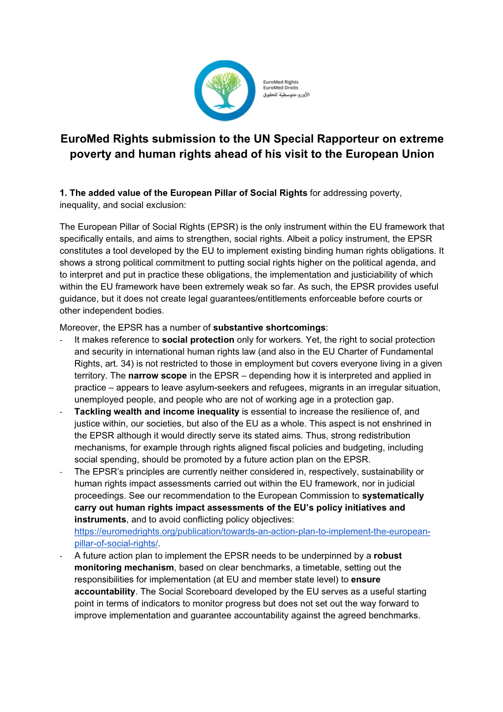 Euromed Rights Submission to the UN Special Rapporteur on Extreme Poverty and Human Rights Ahead of His Visit to the European Union