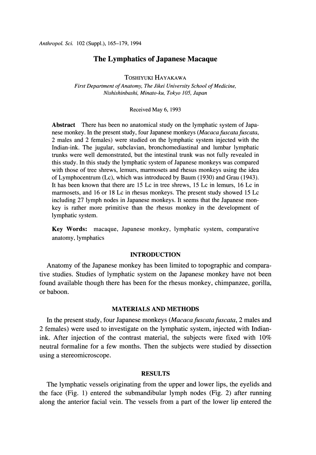(Suppl.), 165-179, 1994 the Lymphatics of Japanese Macaque