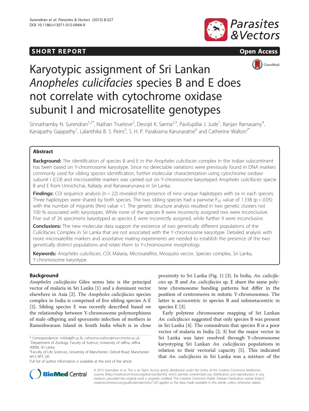 Karyotypic Assignment of Sri Lankan Anopheles Culicifacies Species B and E Does Not Correlate with Cytochrome Oxidase Subunit I