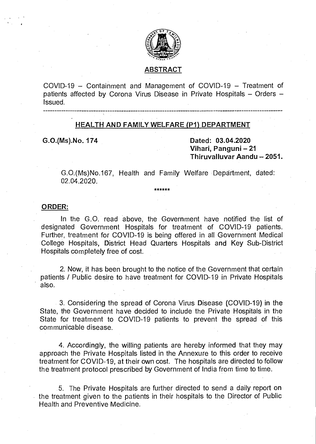 Containment and Management of COVID-19 — Treatment of Patients Affected by Corona Virus Disease in Private Hospitals — Orders — Issued