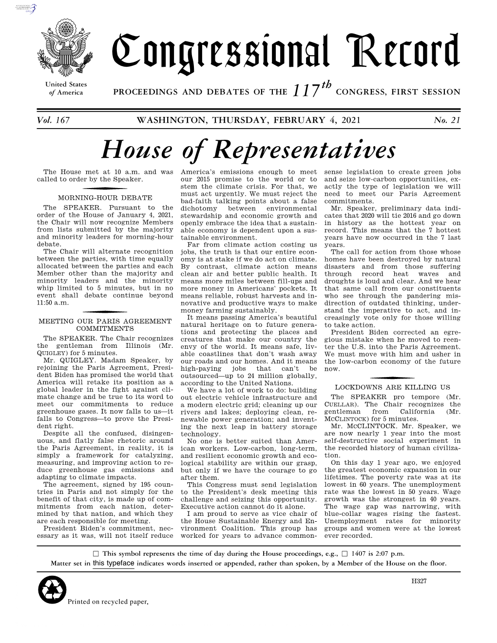 Congressional Record United States Th of America PROCEEDINGS and DEBATES of the 117 CONGRESS, FIRST SESSION