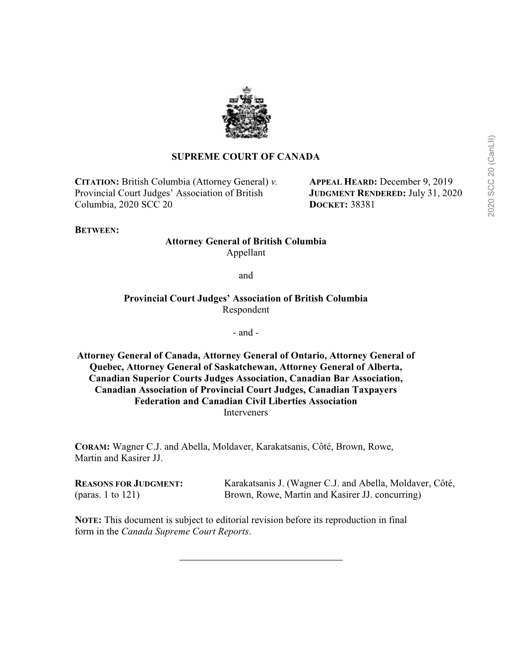 British Columbia (Attorney General) V. Provincial Court Judges’ Association of British Columbia