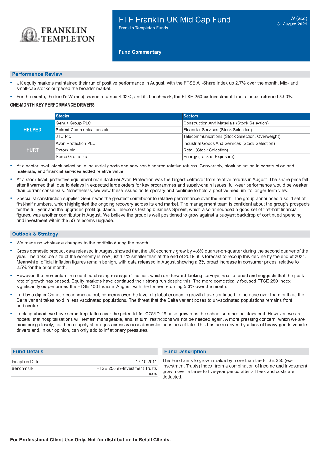 FTF Franklin UK Mid Cap Fund W (Acc) 31 August 2021 Franklin Templeton Funds