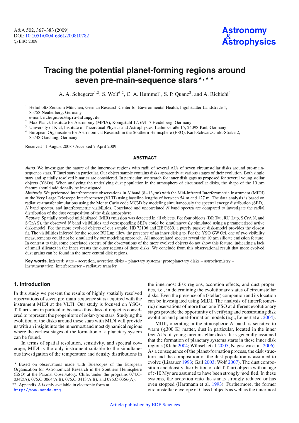 Tracing the Potential Planet-Forming Regions Around Seven Pre-Main-Sequence Stars�,