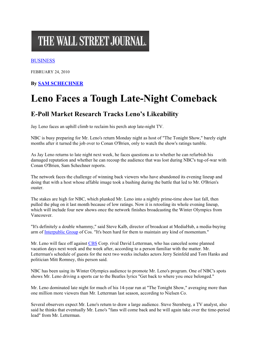 Leno Faces a Tough Late-Night Comeback