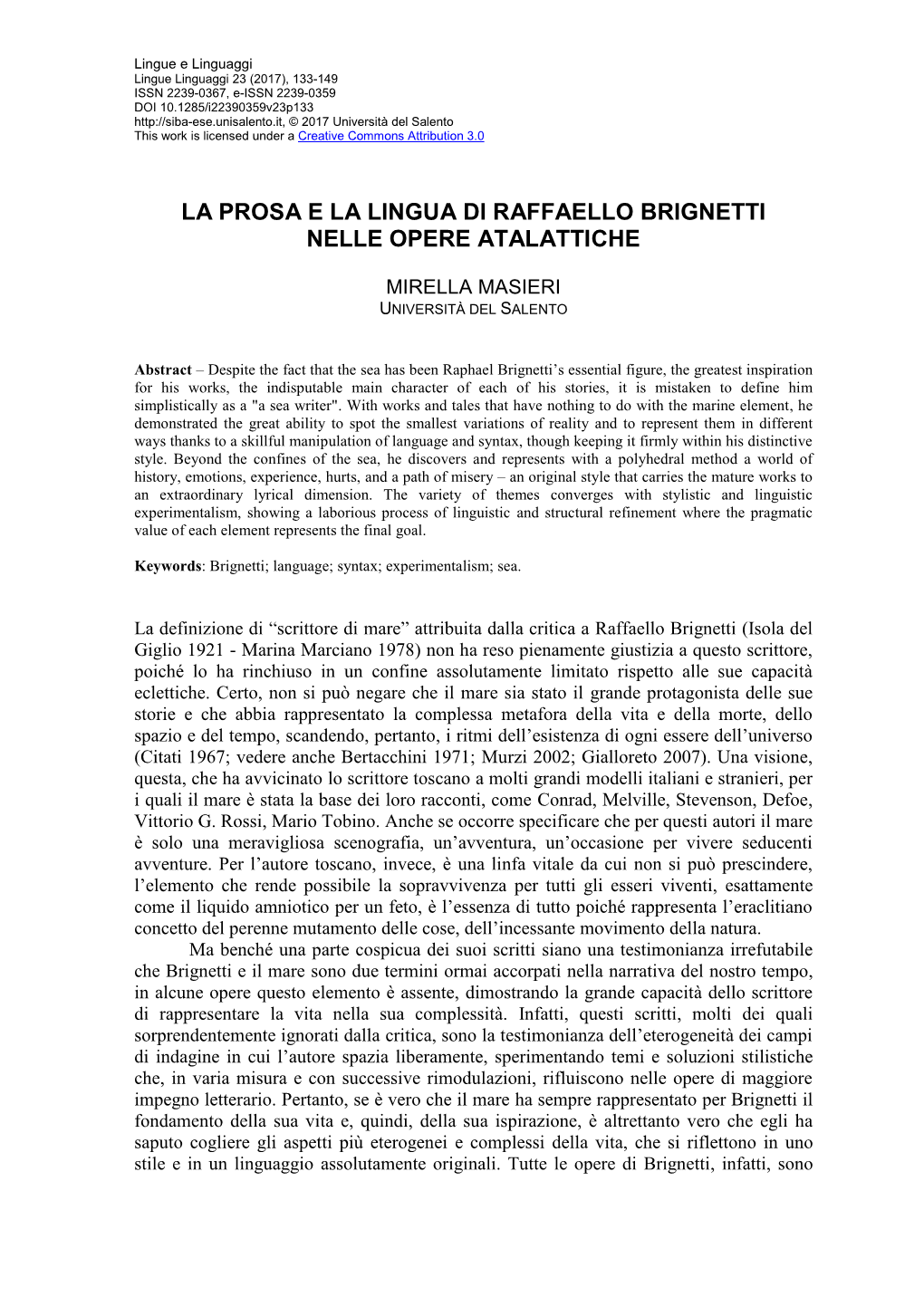 La Prosa E La Lingua Di Raffaello Brignetti Nelle Opere Atalattiche