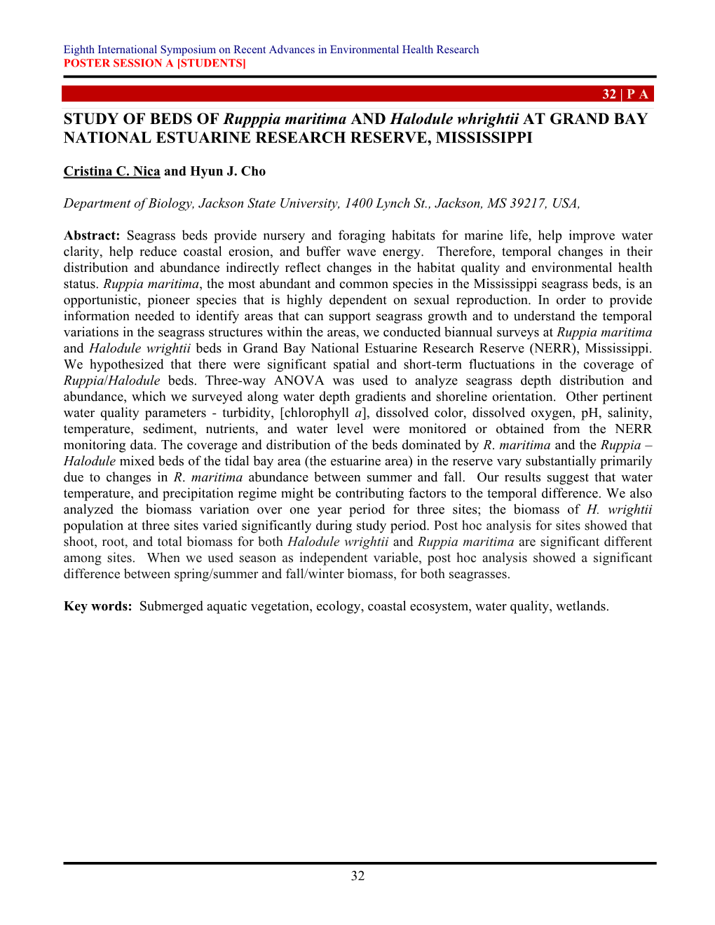 STUDY of BEDS of Rupppia Maritima and Halodule Whrightii at GRAND BAY NATIONAL ESTUARINE RESEARCH RESERVE, MISSISSIPPI