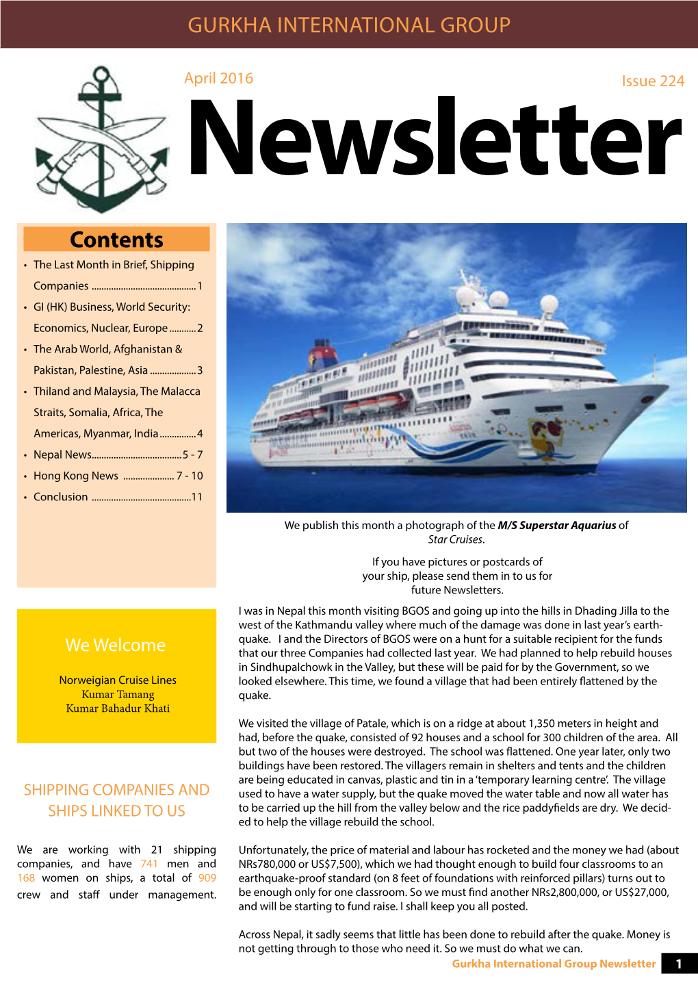 Contents • the Last Month in Brief, Shipping Companies